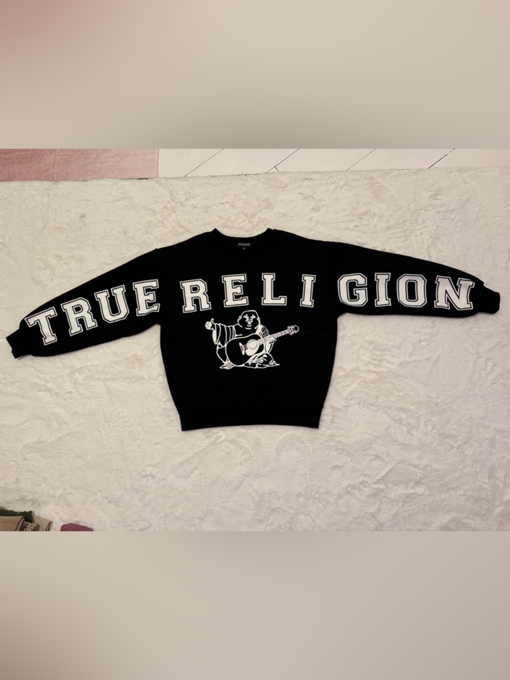 True Religion Black Crewneck with White Graphic and Sleeve Logo